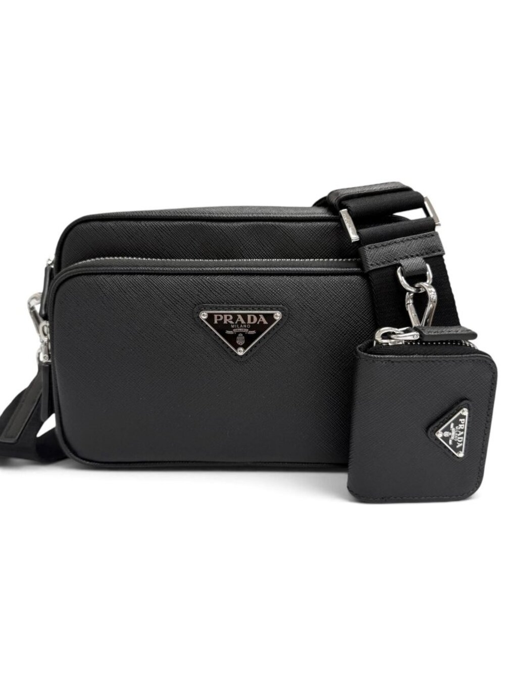 Prada Saffiano Leather Triangle Logo Shoulder Bag Black